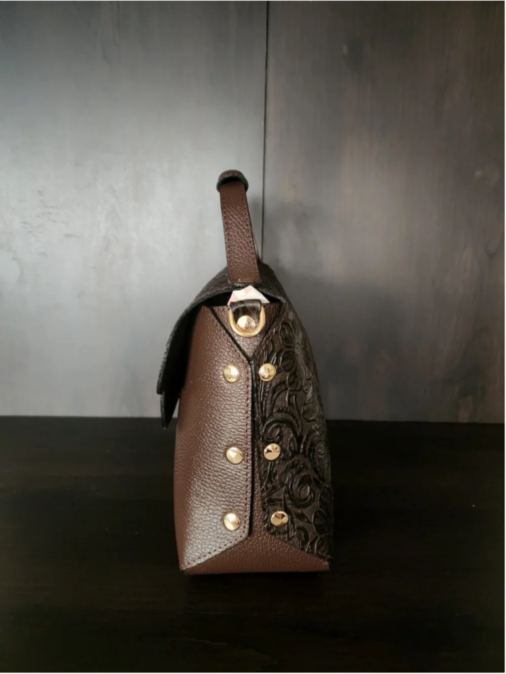 Chocolate Brown Floral Studded Embossed Artisan LEATHER Purse Handbag Crossbody